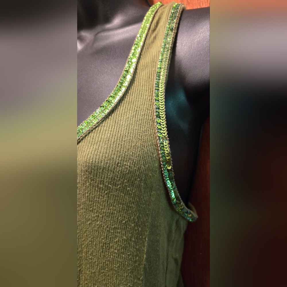 Metro 7 olive green sequin lined tank top szM - Picture 3 of 6